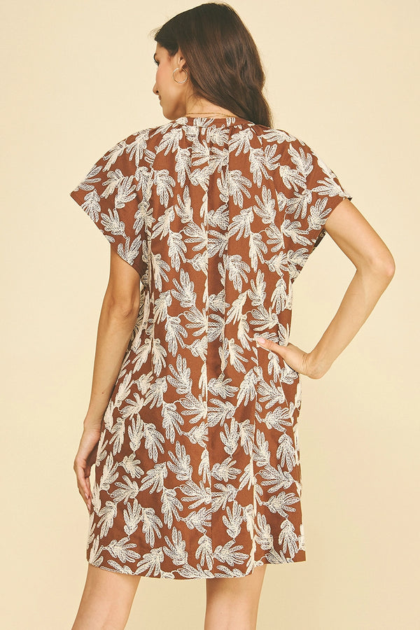 Camel Embroidered Leaf Cap Sleeve Dress