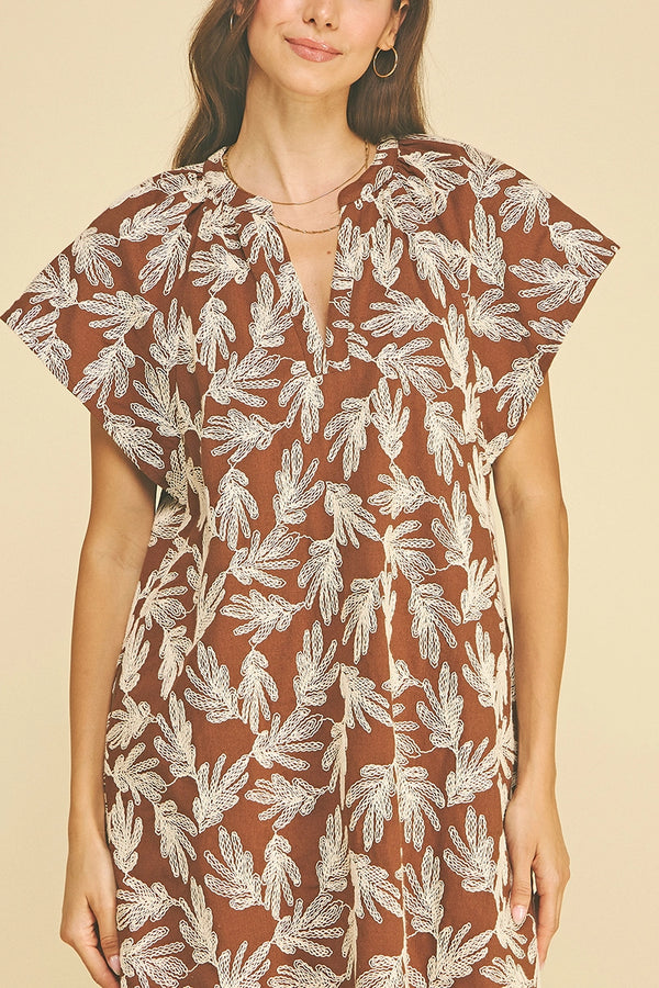 Camel Embroidered Leaf Cap Sleeve Dress