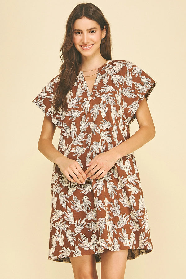 Camel Embroidered Leaf Cap Sleeve Dress