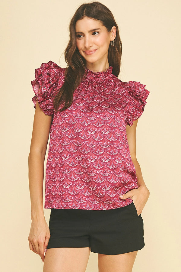 Cranberry Scallop Print Ruffled Sleeve Blouse