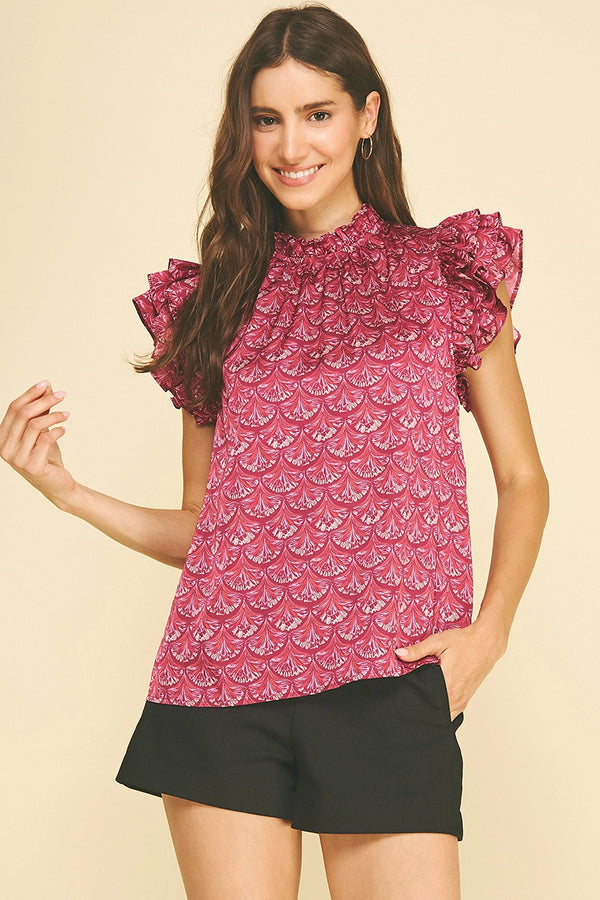 Cranberry Scallop Print Ruffled Sleeve Blouse