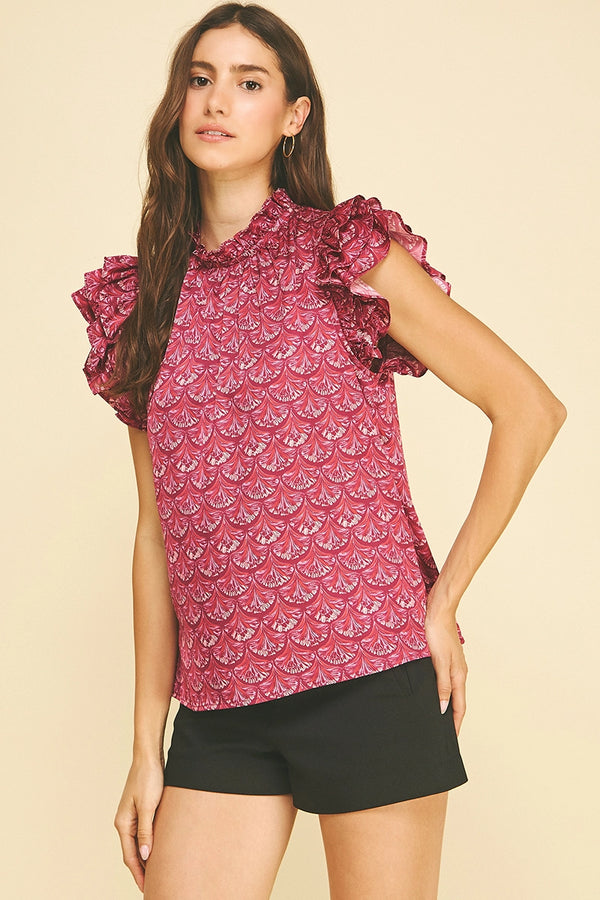 Cranberry Scallop Print Ruffled Sleeve Blouse