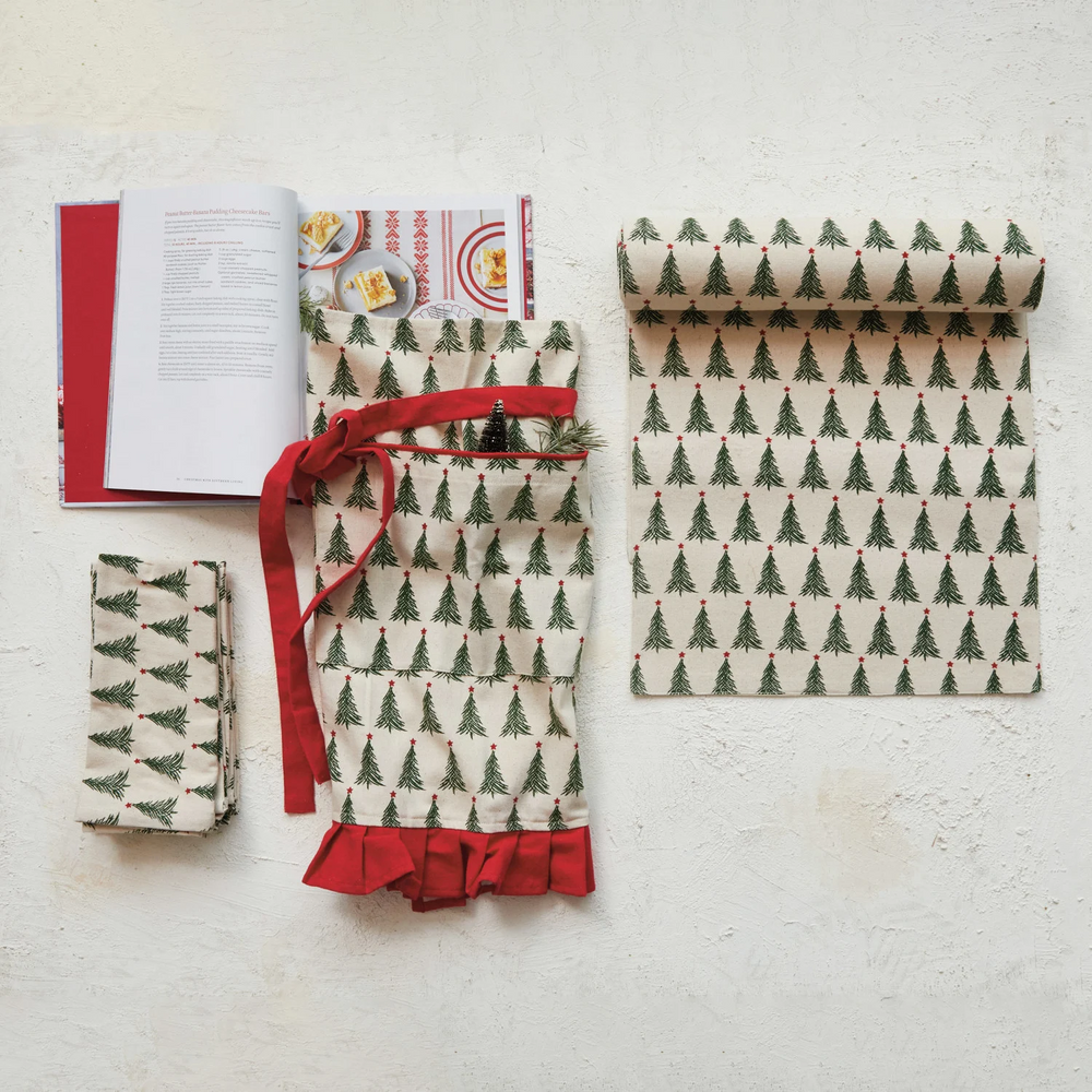 Stonewashed Cotton Printed Table Runner w/ Christmas Tree Pattern