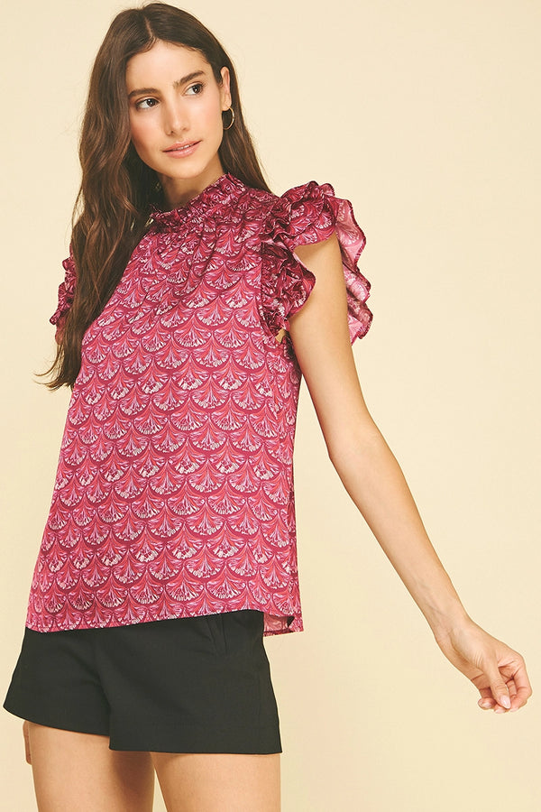 Cranberry Scallop Print Ruffled Sleeve Blouse