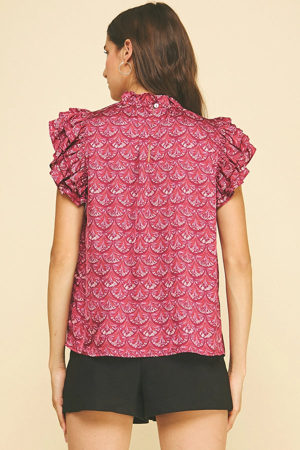 Cranberry Scallop Print Ruffled Sleeve Blouse