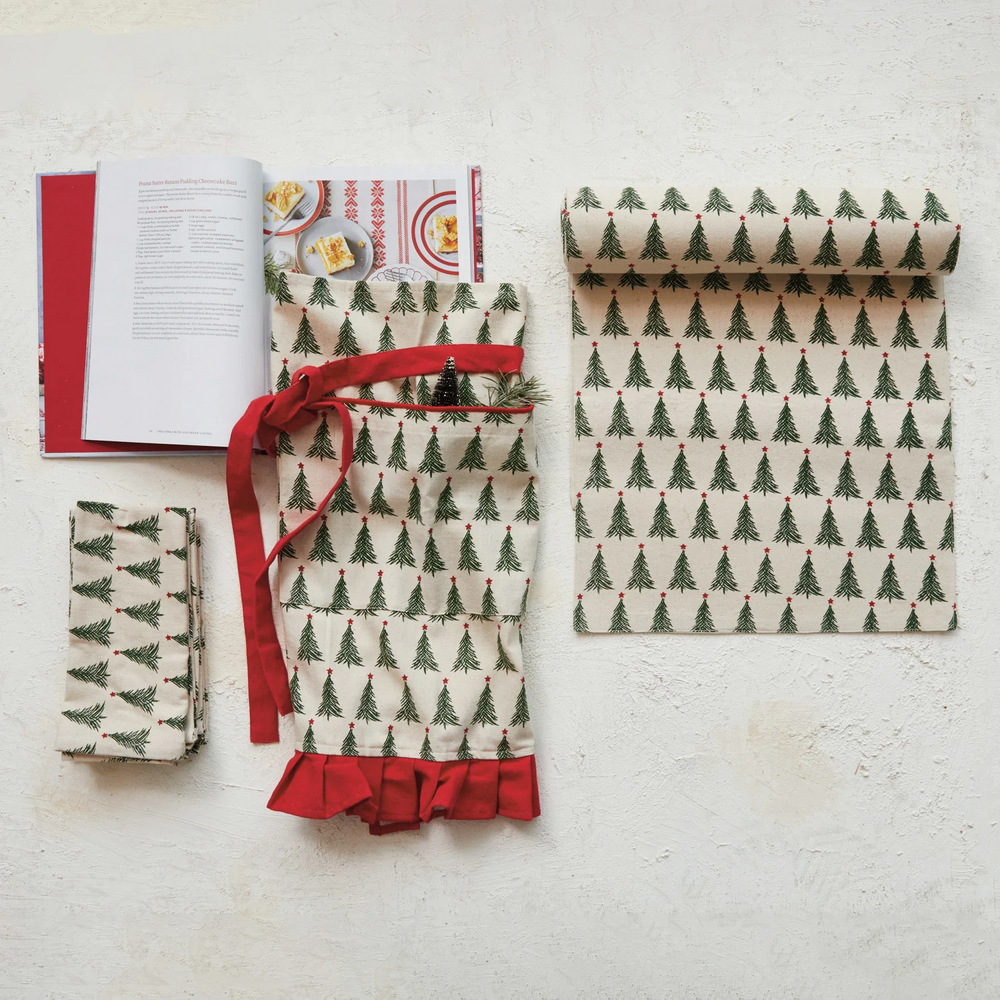 Stonewashed Cotton Printed Napkins w/ Christmas Tree Pattern, Set of 4