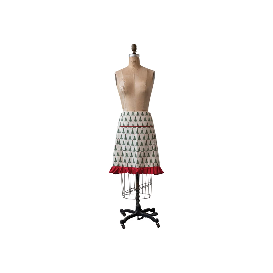 Cotton Printed Half Apron w/ Christmas Tree Pattern, Pocket & Ruffle