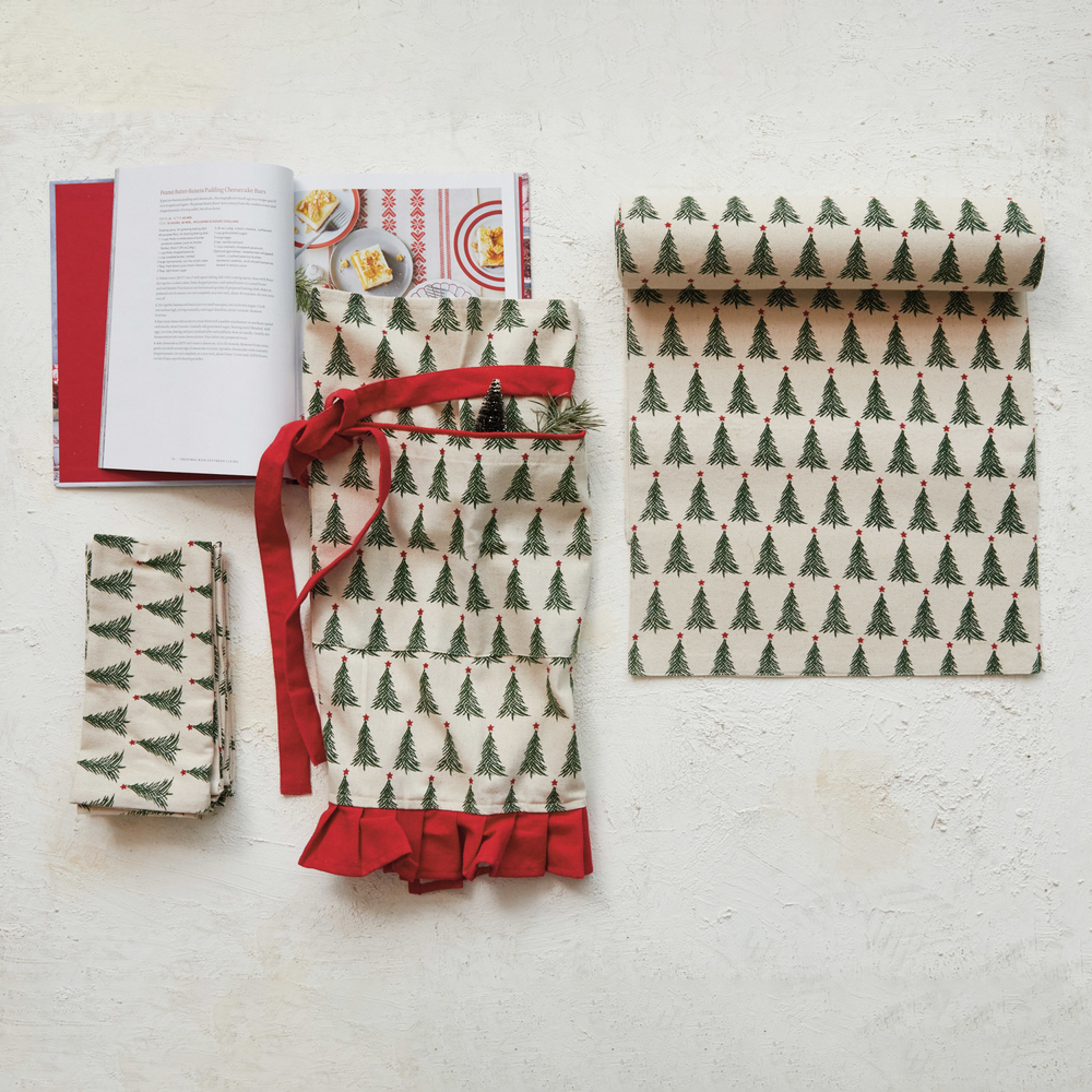 Cotton Printed Half Apron w/ Christmas Tree Pattern, Pocket & Ruffle