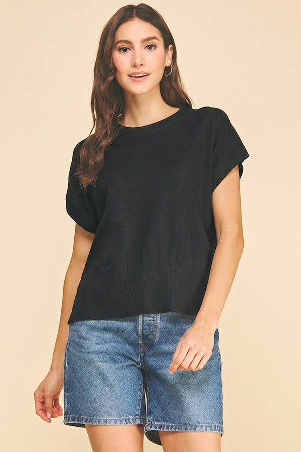 Black Solid Cap Sleeve Knit Top