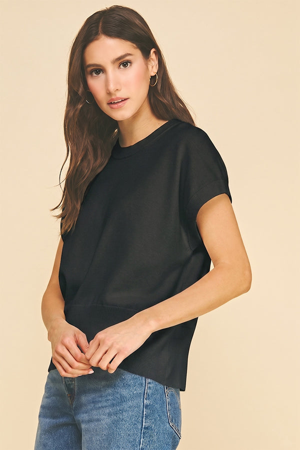 Black Solid Cap Sleeve Knit Top