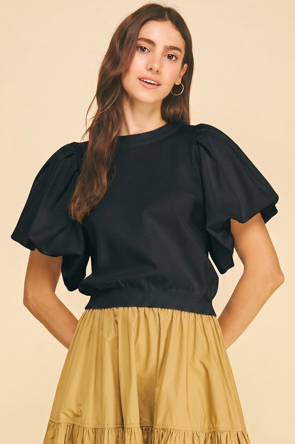 Black Crew Neck Puff Sleeve Knit Top