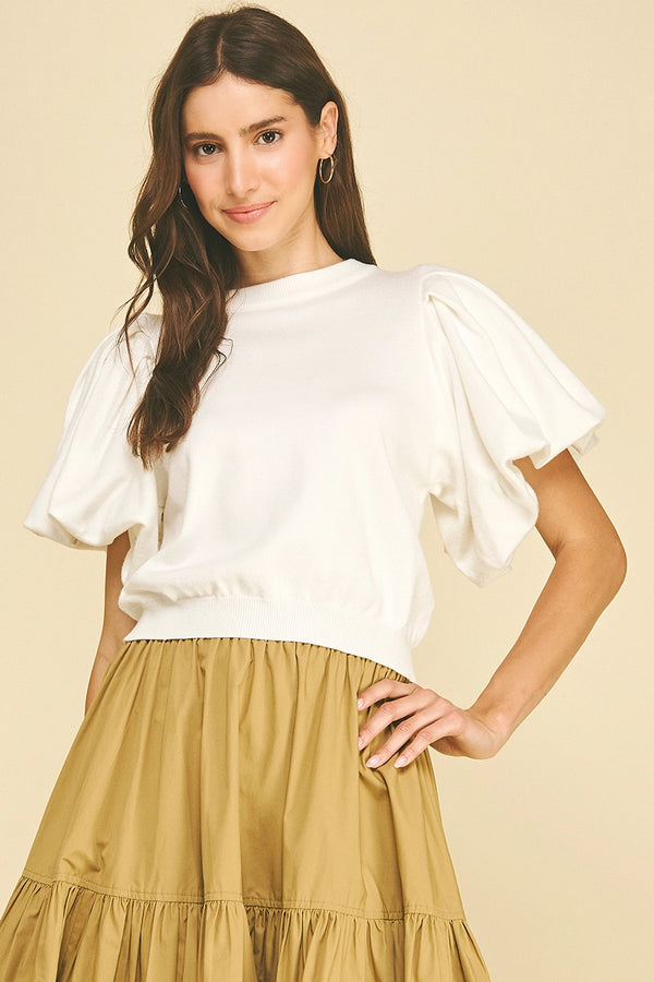 Off White Crew Neck Puff Sleeve Knit Top