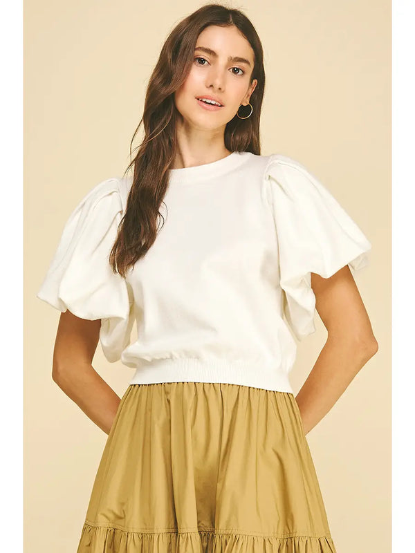 Off White Crew Neck Puff Sleeve Knit Top