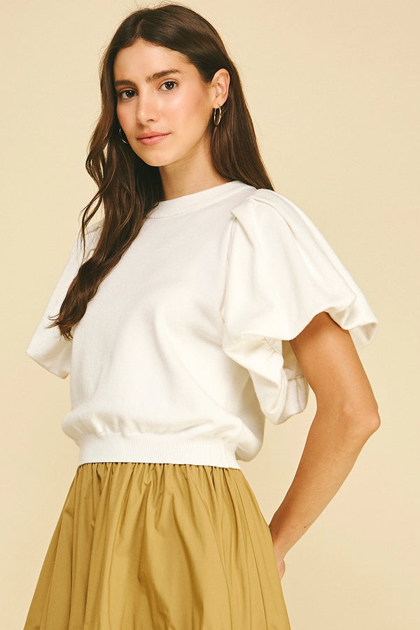 Off White Crew Neck Puff Sleeve Knit Top