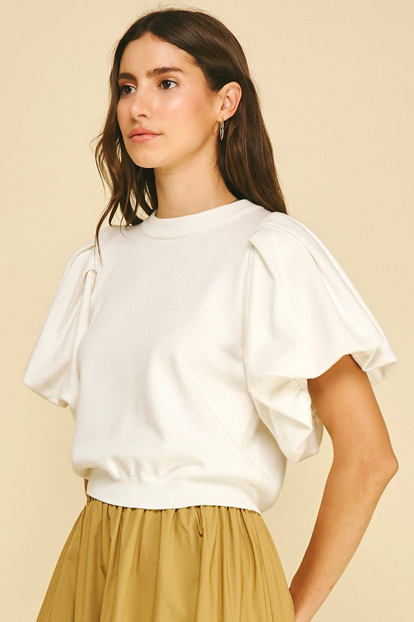 Off White Crew Neck Puff Sleeve Knit Top