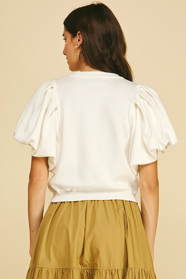 Off White Crew Neck Puff Sleeve Knit Top