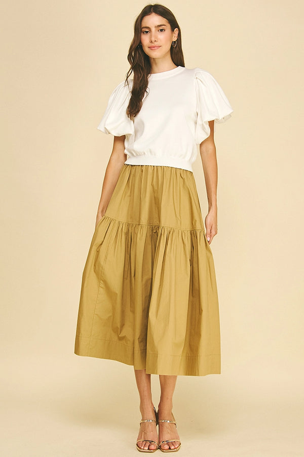 Off White Crew Neck Puff Sleeve Knit Top