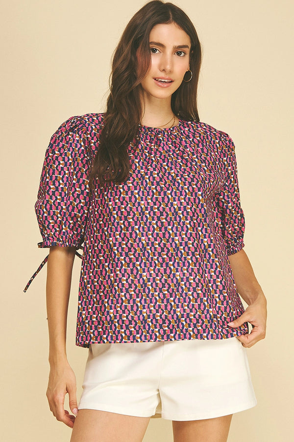 Navy and Pink Geometric Print Puff Sleeve Blouse