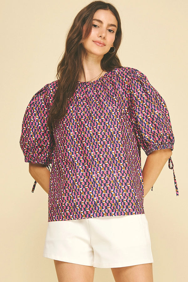 Navy and Pink Geometric Print Puff Sleeve Blouse