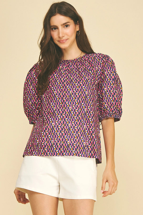 Navy and Pink Geometric Print Puff Sleeve Blouse
