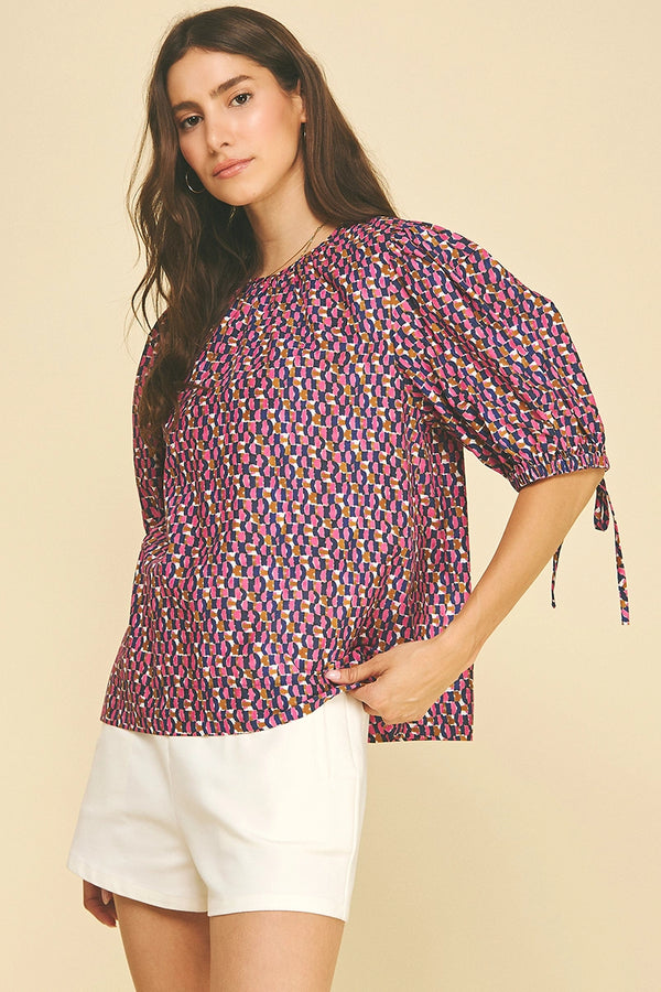 Navy and Pink Geometric Print Puff Sleeve Blouse