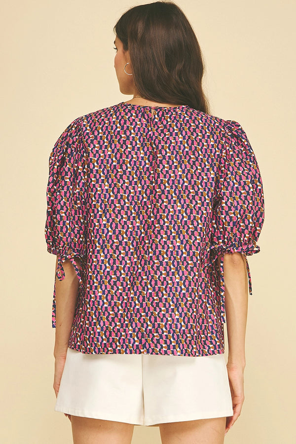Navy and Pink Geometric Print Puff Sleeve Blouse