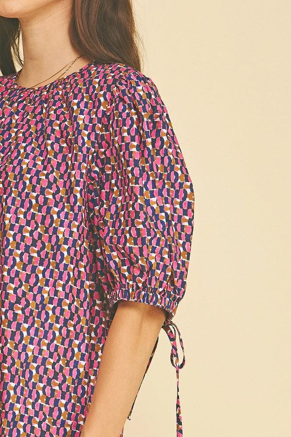 Navy and Pink Geometric Print Puff Sleeve Blouse