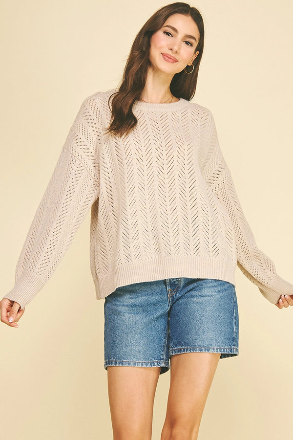 Oyster Chevron Pointelle Pattern Knit Sweater