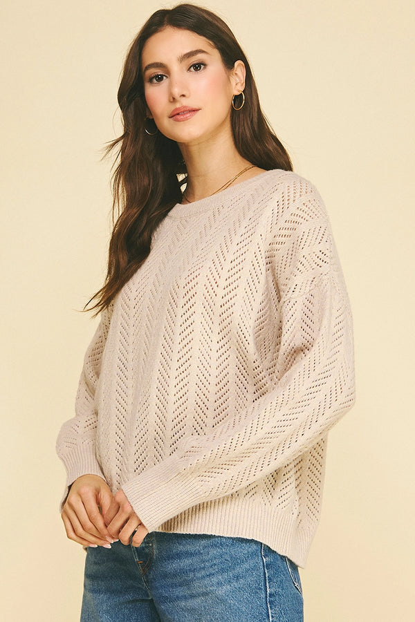 Oyster Chevron Pointelle Pattern Knit Sweater