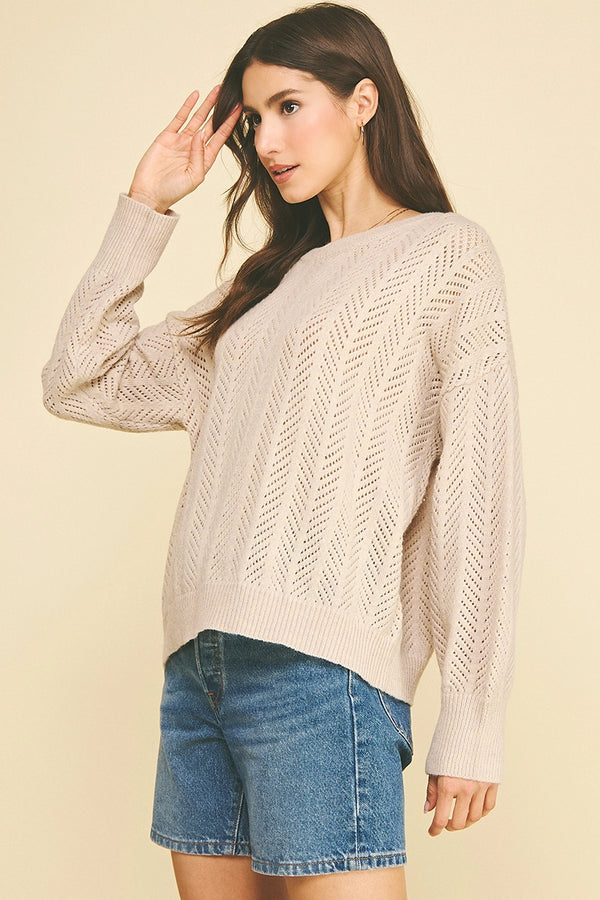 Oyster Chevron Pointelle Pattern Knit Sweater