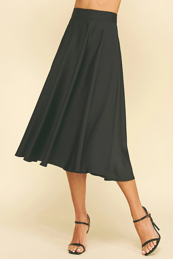 Black Silky Pleated Midi Skirt