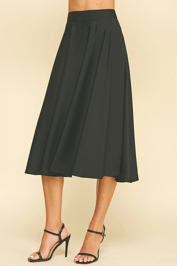 Black Silky Pleated Midi Skirt