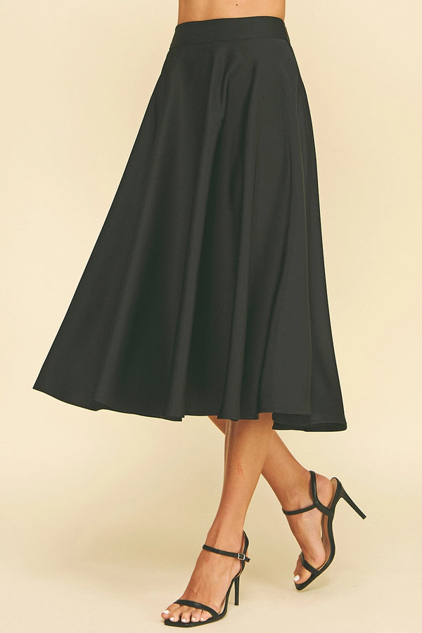 Black Silky Pleated Midi Skirt