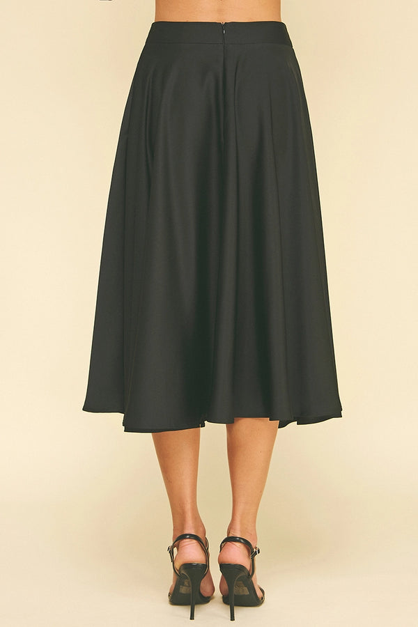 Black Silky Pleated Midi Skirt