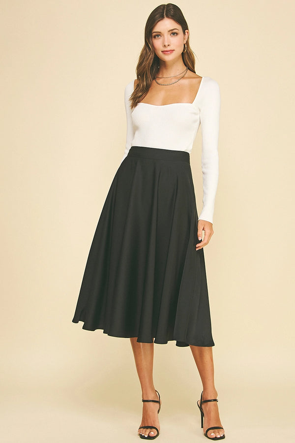 Black Silky Pleated Midi Skirt