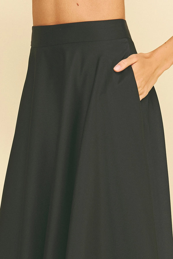 Black Silky Pleated Midi Skirt