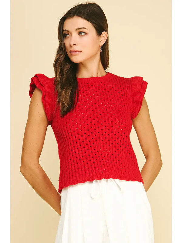 Red Ruffle Sleeve Open Knit Top