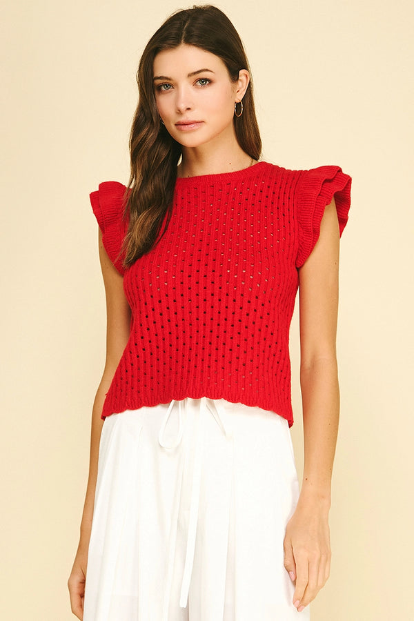 Red Ruffle Sleeve Open Knit Top