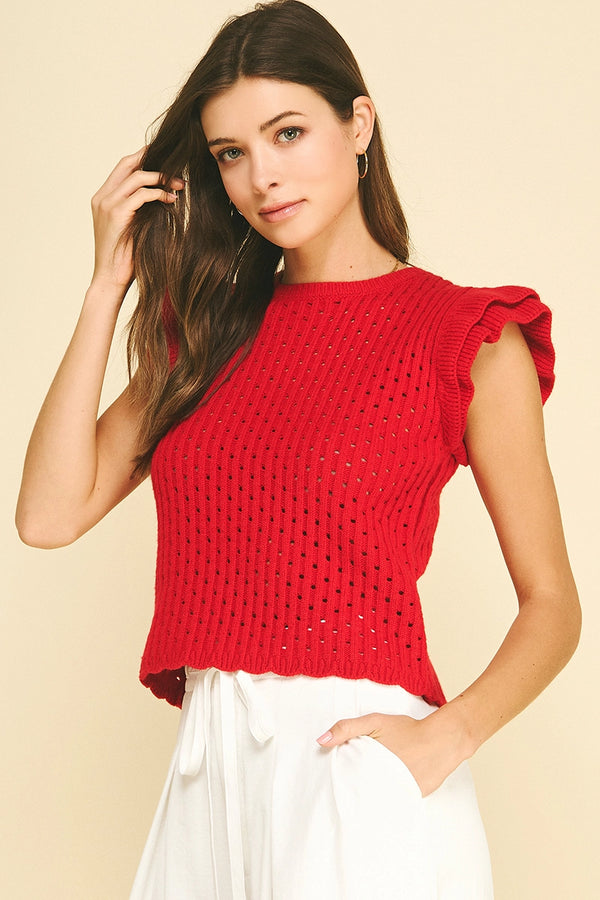Red Ruffle Sleeve Open Knit Top