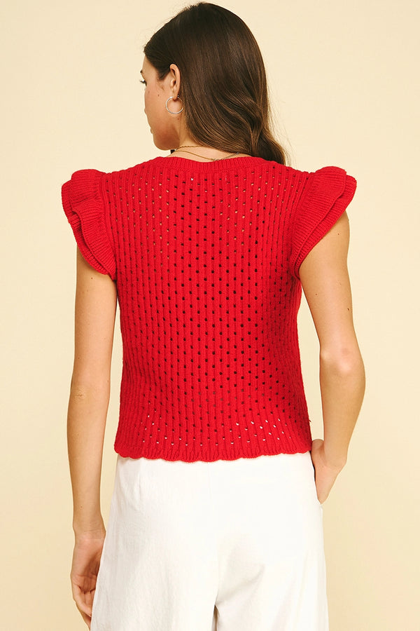 Red Ruffle Sleeve Open Knit Top