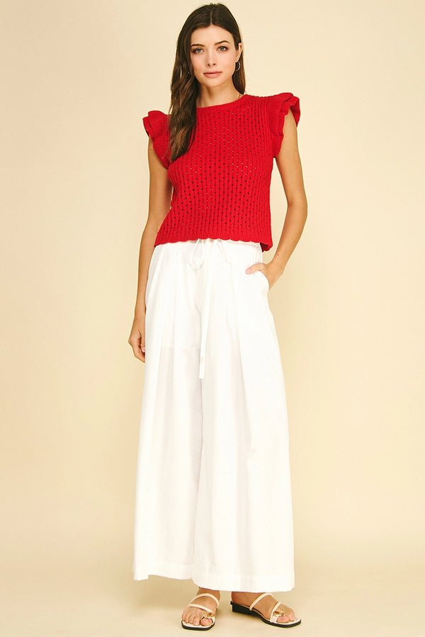 Red Ruffle Sleeve Open Knit Top
