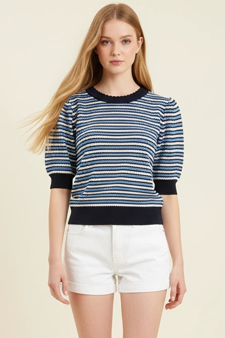 Navy and Blue Contrast Scalloped Striped Knit Top
