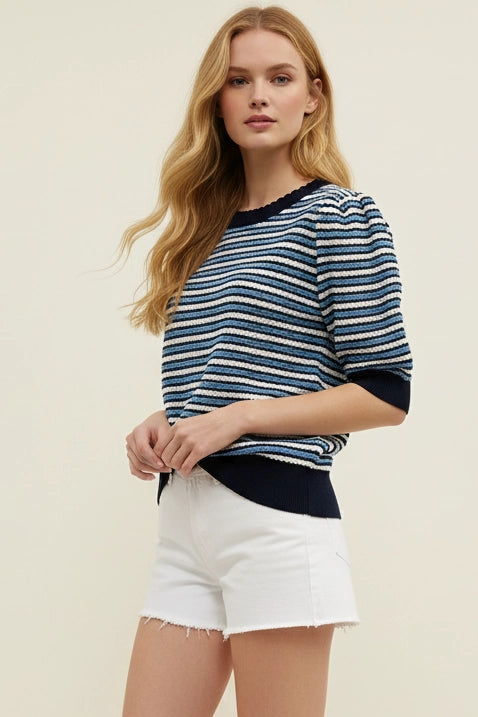 Navy and Blue Contrast Scalloped Striped Knit Top