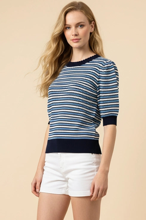 Navy and Blue Contrast Scalloped Striped Knit Top