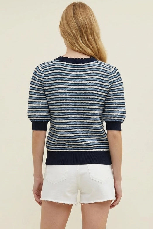 Navy and Blue Contrast Scalloped Striped Knit Top