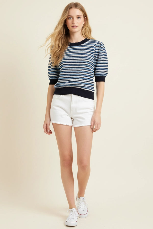 Navy and Blue Contrast Scalloped Striped Knit Top