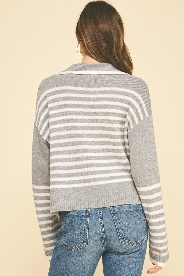 Light Grey Striped Drop-Shoulder Knit Sweater