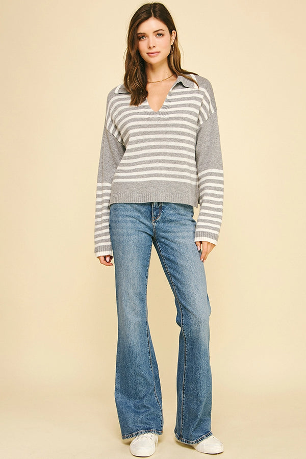Light Grey Striped Drop-Shoulder Knit Sweater