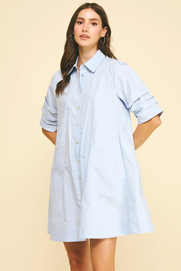 Light Blue Button Down Poplin Mini Dress