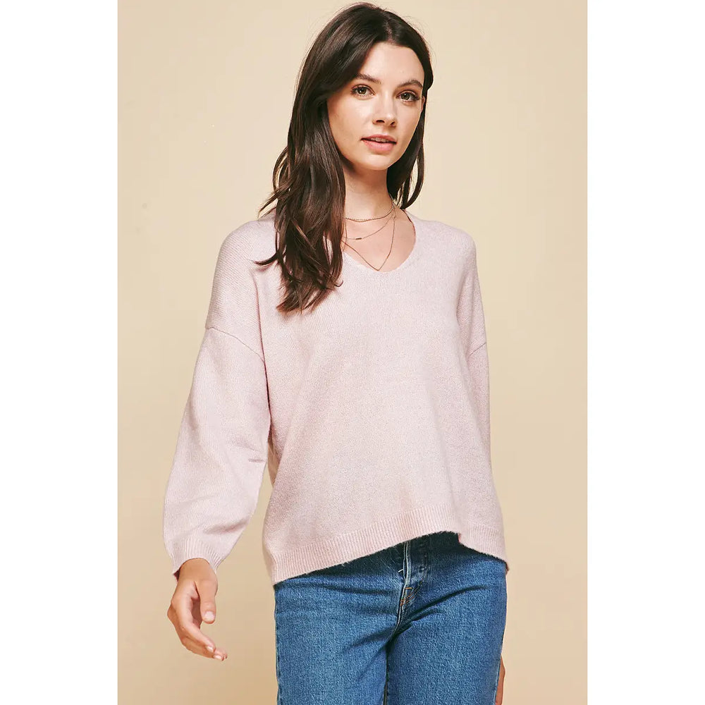 Deep Neck Long Sleeve Sweater - Pink